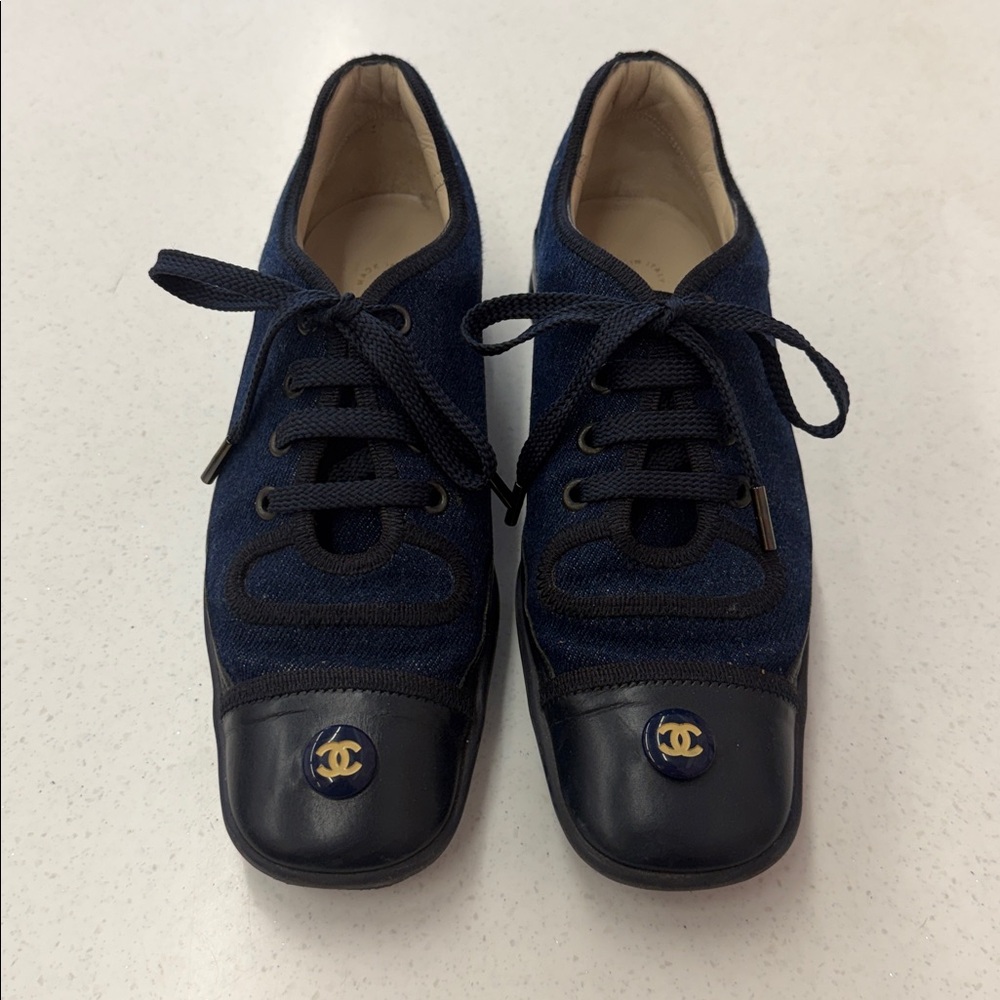 Chanel denim and leather lace up shoes
